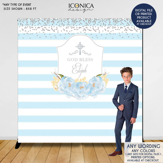 First Communion Backdrop, Baptism Backdrop, Floral Photo Backdrop,Blue Peonies,Printed BAR0002