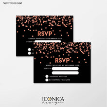 Load image into Gallery viewer, Black and Rose Gold Confetti Collection RSVP cards 3.5x5&quot; Insert Cards, Personalized With Any Info, Any Event
