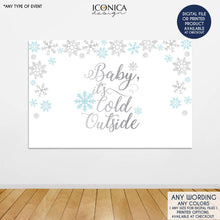 Load image into Gallery viewer, Baby it&#39;s cold outside Backdrop, Light Blue and Silver Snowflakes Banner, Christmas Party - Printed BHO0024
