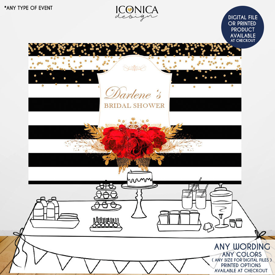 Bridal Shower Backdrop, Elegant Black and White Stripes Banner, Floral Red and Gold backdrop, Red roses backdrop, Printed