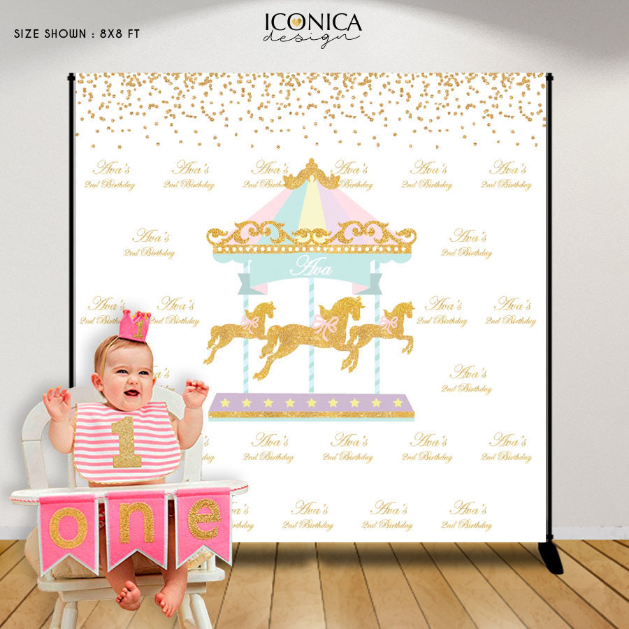 Carousel First Birthday Backdrop, Any age, Carousel Party Decor, Pink Carnival Backdrop, Pastel Colors, Printed
