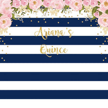 Load image into Gallery viewer, Navy and Pink Quinceanera Backdrop, Any Age, Gold Confetti, Printed Bbd0014
