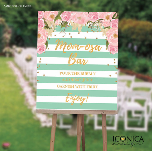 Baby Shower "Mom-osa Station" Sign, Floral Pink Mint Green Stripes, Mimosa Station Sign, Printed or Printable File - Free Shipping
