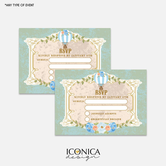 Vintage Hot Air balloon RSVP cards 3.5x2.5" Respond Cards / Non Personalized Text  || Vintage Baby Shower || Mint Green Cards