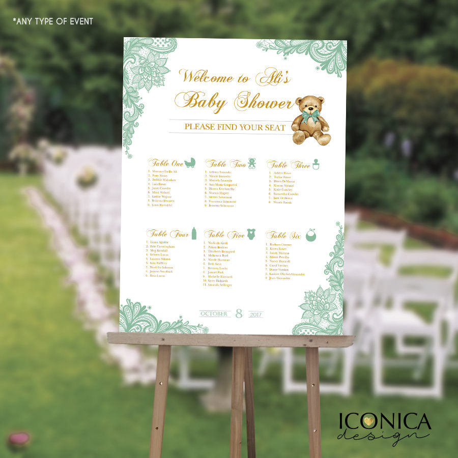 Baby Shower Seating Chart Board, Mint green LACE, Printed Seating Chart Guest List, Seating Chart Template, any color, SCW0021