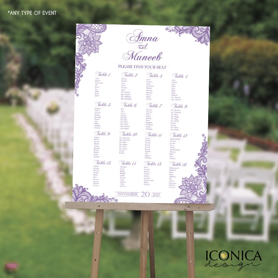 Wedding Seating Chart Board, Purple LACE Baby Shower, Lilac Wedding Decor, Printed Seating Chart, Seating Chart Template any color