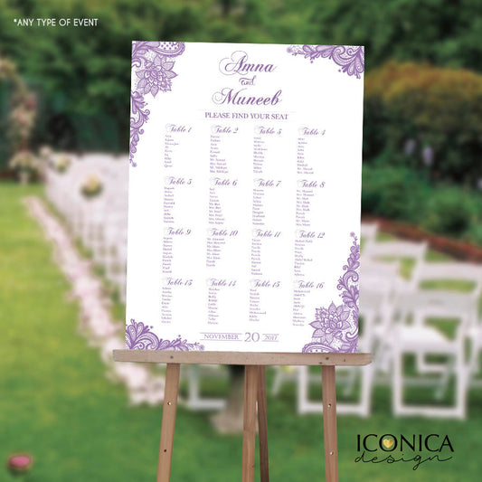 Wedding Seating Chart Board, Purple LACE Baby Shower, Lilac Wedding Decor, Printed Seating Chart, Seating Chart Template any color