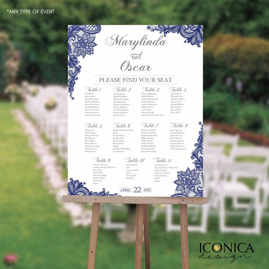 Wedding Seating Chart Board Elegant Navy Blue Printable - Printed Seating Chart Guest List Chart Seating Chart Template any color SCW0023