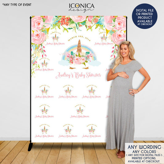 Unicorn Photo Booth Backdrop, Floral Unicorn Party, Unicorn Step and Repeat, Red Carpet Banner,Pastel Colors, Printed Or Printable BBS0046