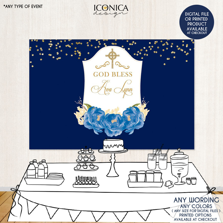 Baptism Backdrop, First Communion Backdrop, Floral Photo Backdrop,Blue Peonies,Printed ,BAR0004