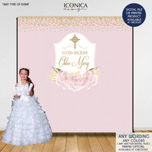 Load image into Gallery viewer, Baptism Backdrop, First Communion Backdrop, Floral Photo Backdrop,Blue Peonies,Printed BFC0002
