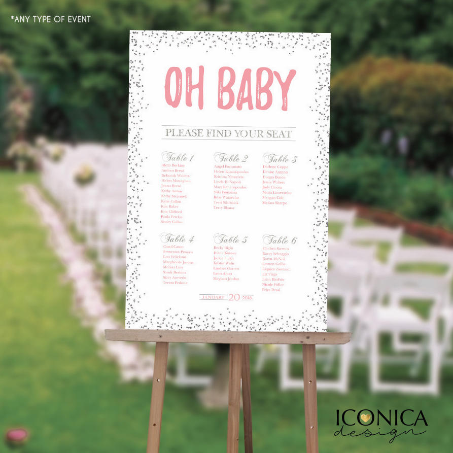 BABY SHOWER Seating Chart Board, Oh baby Seating Chart, Baby Shower Guest List Chart , Any Color,  Printed SCW0025