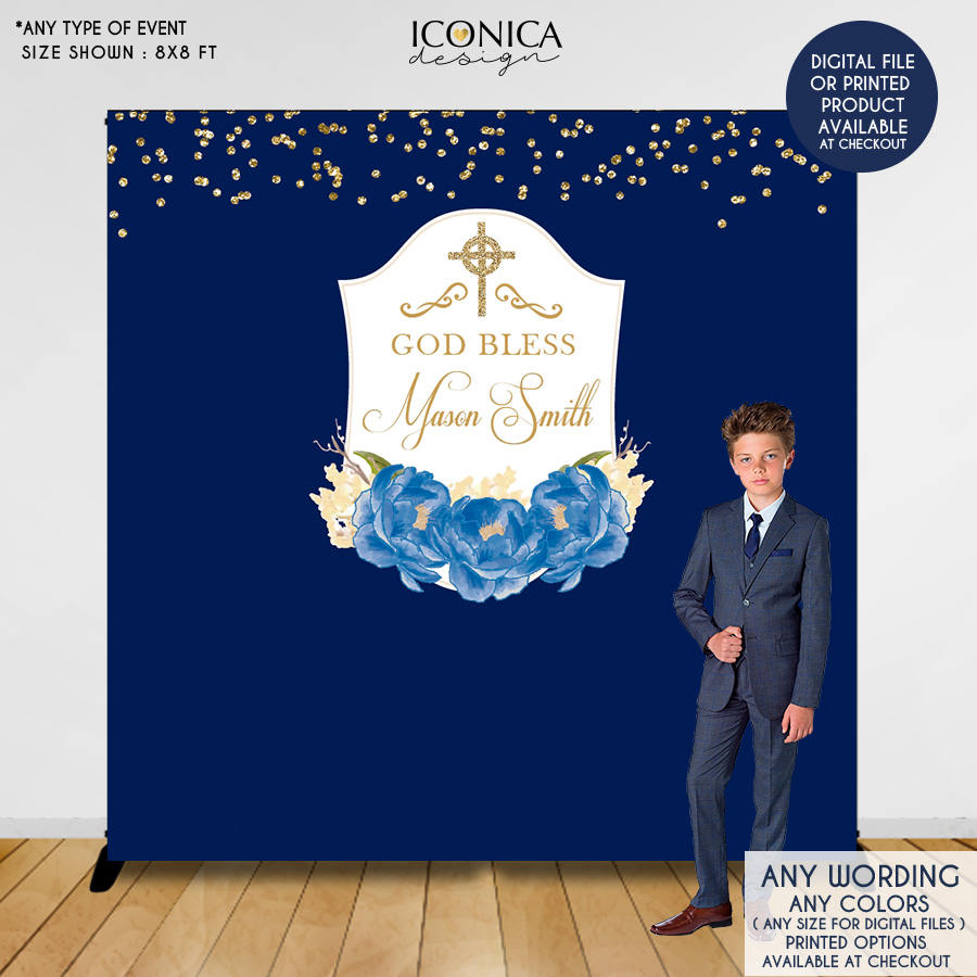 Baptism Backdrop, First Communion Backdrop, Floral Photo Backdrop,Blue Peonies,Printed ,BAR0004
