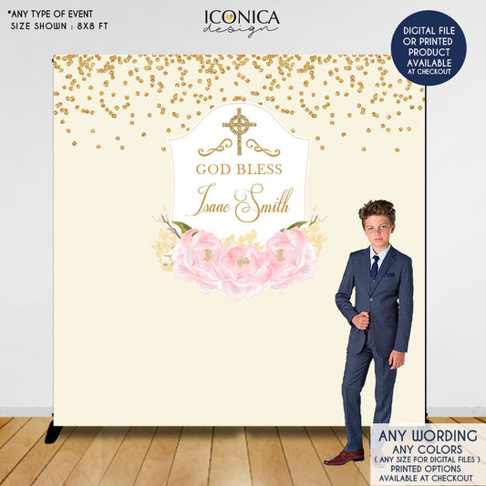 First Communion Backdrop, Ivory Religious Banner Floral First Communion Banner Pink Peonies, Religious Backdrop,Printed, BAR0005