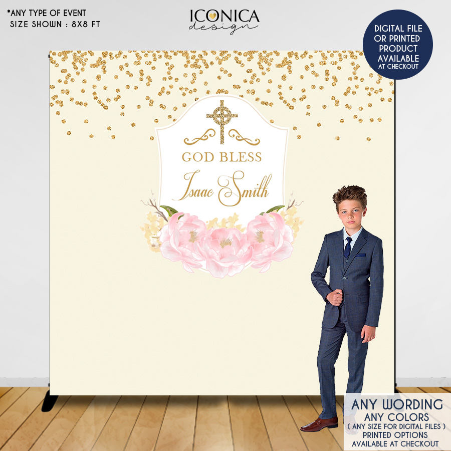 First Communion Backdrop, Ivory Religious Banner Floral First Communion Banner Pink Peonies, Religious Backdrop,Printed, BAR0005