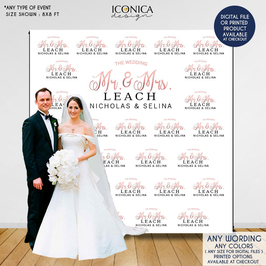 Wedding Backdrop - Rose Gold And Black - Step And Repeat Backdrop- Photo Booth Banner - Red Carpet Printed BWD0006