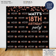 Load image into Gallery viewer, Birthday party Decor 18th Birthday Photo Booth Backdrop, Black and Rose Gold, any age, Printed or Printable File BHO0027
