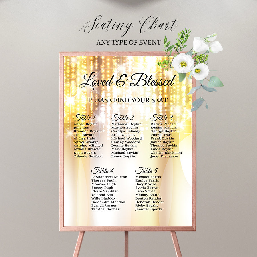 Gold Bokeh Seating Chart Board, Gold Seating Chart, Gold Guest List Chart , Gold Party Decor,  Printed