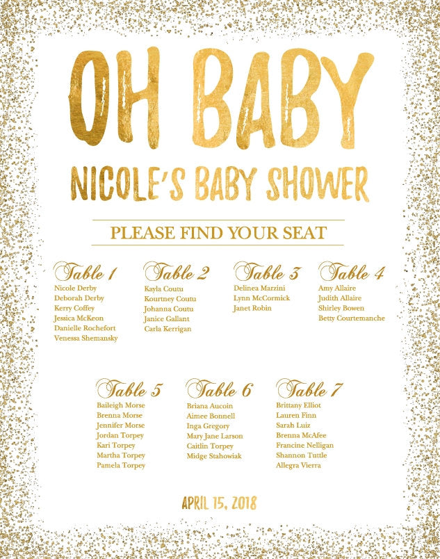 BABY SHOWER Seating Chart Board, Oh baby Gold Seating Chart, Gold Guest List Chart , Any Color, Gold Confeti, Template Or Printed SCW0013