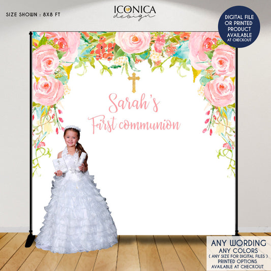 First Communion Backdrop,Baptism Backdrop,Floral Photo Backdrop, Christening Backdrop,Printed BFC0013