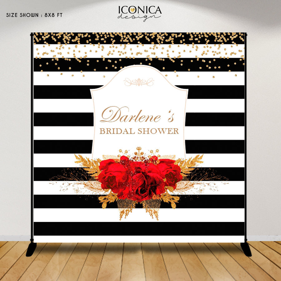 Bridal Shower Backdrop, Elegant Black and White Stripes Banner, Floral Red and Gold backdrop, Red roses backdrop, Printed