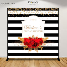 Load image into Gallery viewer, Bridal Shower Backdrop, Elegant Black and White Stripes Banner, Floral Red and Gold backdrop, Red roses backdrop, Printed
