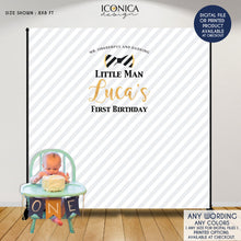 Load image into Gallery viewer, Little Man First Birthday Backdrop, Bowtie Backdrop, Mr. ONEderful and Dashing, Any Color, Any event, Any age, Printed
