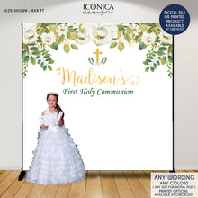 Load image into Gallery viewer, First Communion Backdrop, Greenery and White Floral Backdrop, Baptism Backdrop,Floral Photo Backdrop, Printed BFC0011

