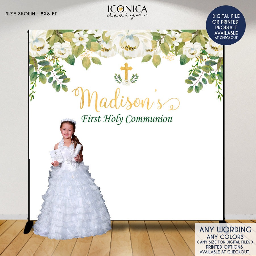 First Communion Backdrop, Greenery and White Floral Backdrop, Baptism Backdrop,Floral Photo Backdrop, Printed BFC0011