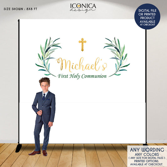 First Communion Backdrop, Greenery Eucalyptus leaves Backdrop, Baptism Backdrop, Religious Photo Backdrop, Printed BFC0016