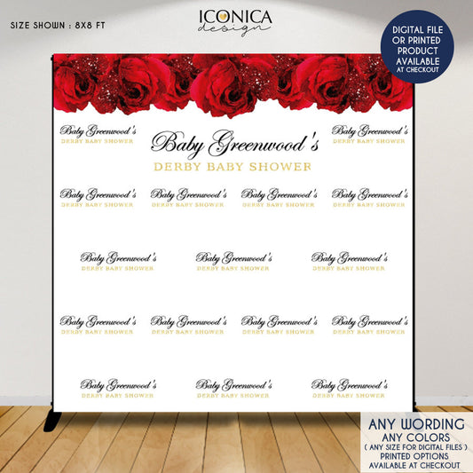 Baby shower Backdrop, Red roses Black and Gold Banner, Derby Baby Shower backdrop or any event, Printed or Printable File BBS0050