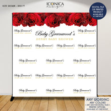 Load image into Gallery viewer, Wedding Backdrop, Red roses, Elegant Black and Gold Banner, Floral Wedding Decor, Floral photo backdrop, Printed BBS0050
