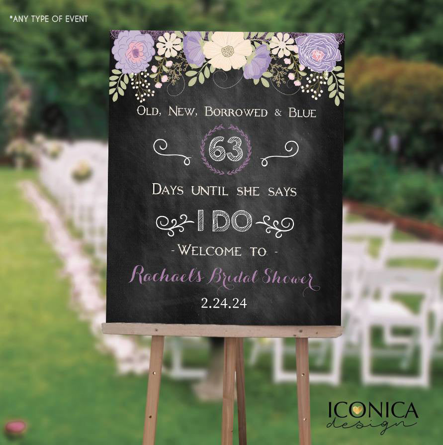 Purple Wedding Decor, Wedding Welcome Sign, Floral Purple Wedding Decor, Old new, borrowed and blue, Any info,  Printed