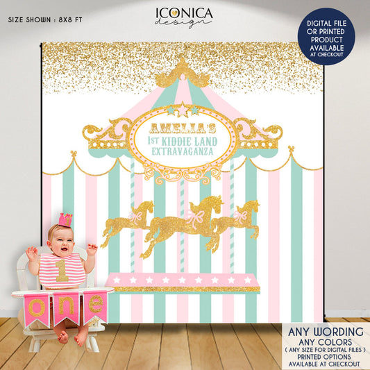 Carousel First Birthday Backdrop, Any age, Carousel Onederland, Carousel Party Decor, Pink Carnival Backdrop, Pastel Colors, Printed BBD0117