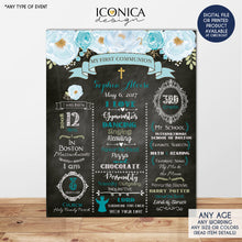 Load image into Gallery viewer, Floral First Communion Chalkboard Sign, Baptism Poster, Baby Blue, Any Event Or Info - Digital Or Printed CFC0006
