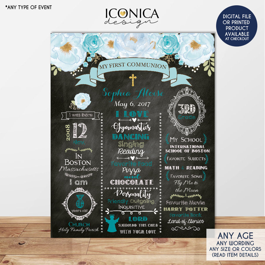 Floral First Communion Chalkboard Sign, Baptism Poster, Baby Blue, Any Event Or Info - Digital Or Printed CFC0006