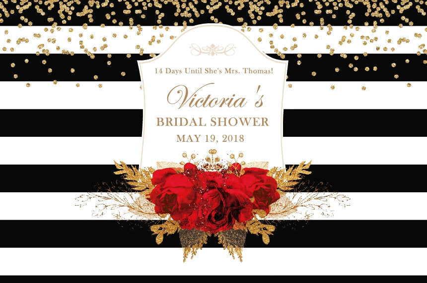 Bridal Shower Backdrop, Black and White Stripes Banner, Floral Red and Gold backdrop, Red roses backdrop, Printed BBR0036