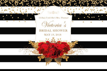 Load image into Gallery viewer, Bridal Shower Backdrop, Black and White Stripes Banner, Floral Red and Gold backdrop, Red roses backdrop, Printed BBR0036
