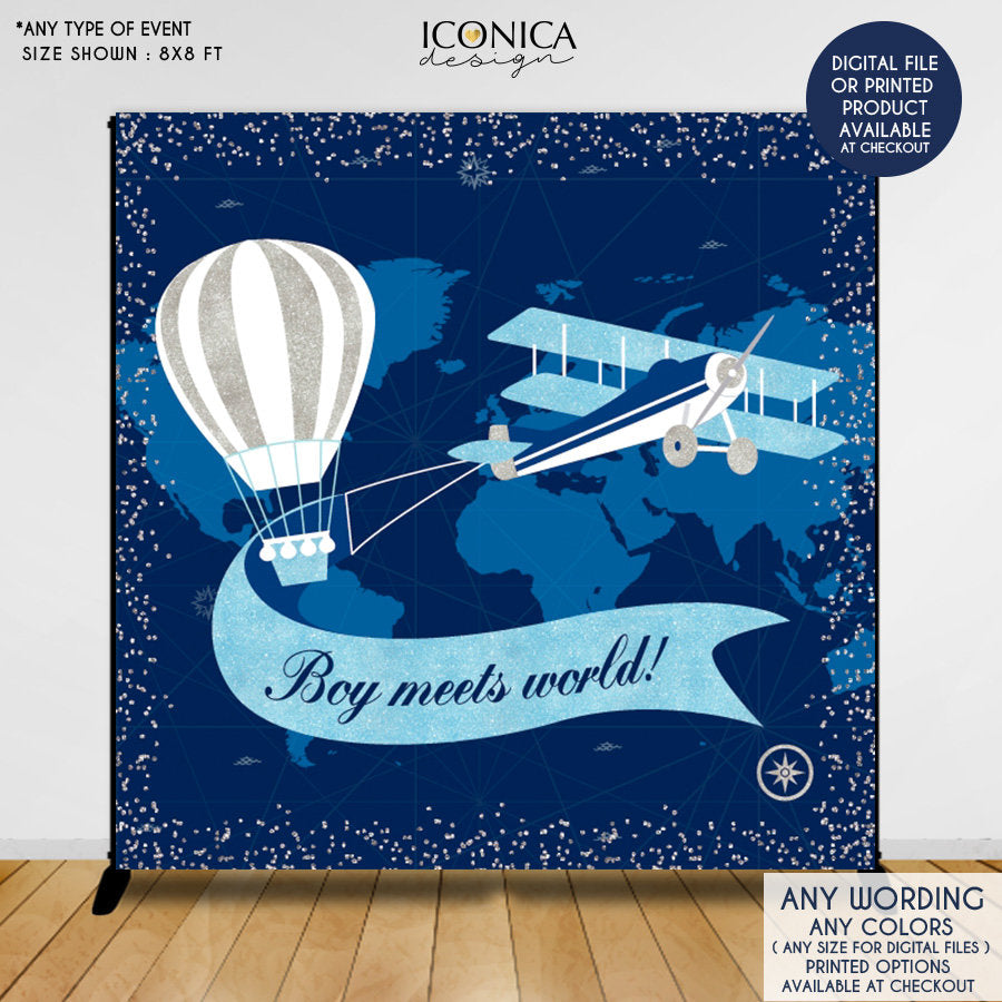 Hot Air Balloon Baby Shower Backdrop, Oh baby,Airplane First Birthday,Up up and away, Boy meets world, Printed BBS0054