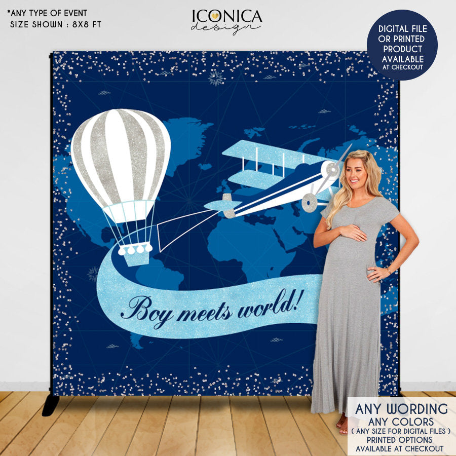 Hot Air Balloon Baby Shower Backdrop, Oh baby,Airplane First Birthday,Up up and away, Boy meets world, Printed BBS0054
