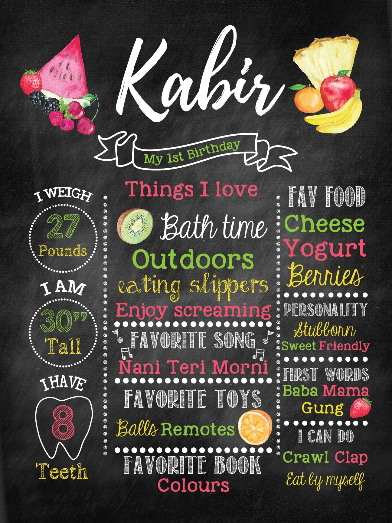 Tutti Frutti Chalkboard Sign First Birthday, Any Age Fruits Party Two-tti Frutti Tutti Fruity Party Printed Or Printable File CBD0042