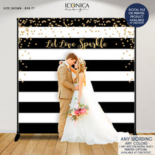 Load image into Gallery viewer, Wedding Party Decor, Let love Sparkle, Black And White Stripes Photo Backdrop, any color, Gold Confetti, Printed Or Printable File BBD0100
