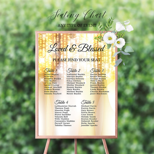 Gold Bokeh Seating Chart Board, Gold Seating Chart, Gold Guest List Chart , Gold Party Decor,  Printed