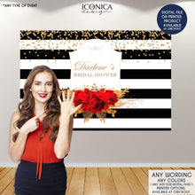 Load image into Gallery viewer, Bridal Shower Backdrop, Elegant Black and White Stripes Banner, Floral Red and Gold backdrop, Red roses backdrop, Printed
