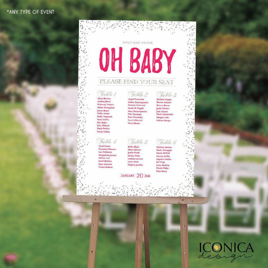 BABY SHOWER Seating Chart Board, Oh baby Seating Chart, Baby Shower Guest List Chart , Any Color, Printed SCW0026