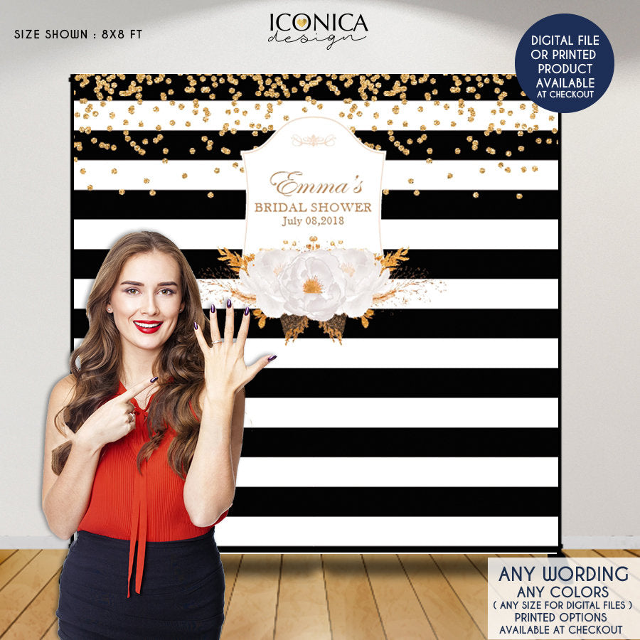 Bridal Shower Backdrop, Elegant Black and White Stripes Banner, Floral Black and White backdrop, Printed BBR0035