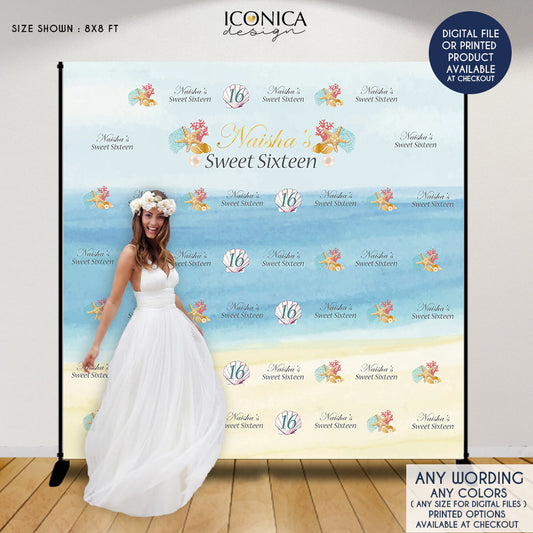 Beach Birthday Party Backdrop, Sweet Sixteen beach theme decoration, Custom Step And Repeat Sea Backdrop, BEACH Wedding decor,Any text, BSS0001