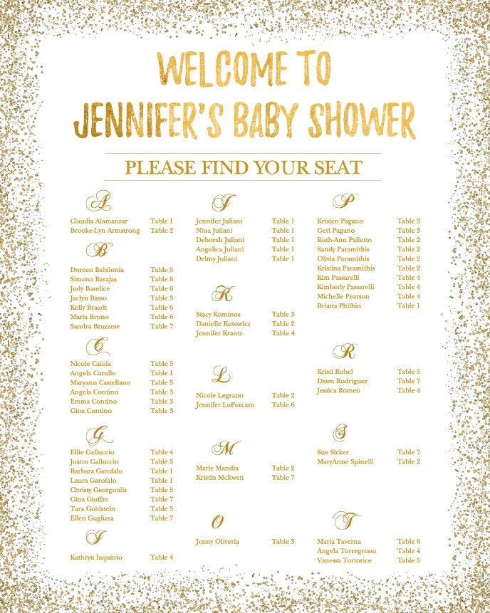BABY SHOWER Seating Chart Board, Oh baby Gold Seating Chart, Gold Guest List Chart , Any Color, Gold Confeti, Template Or Printed SCW0013