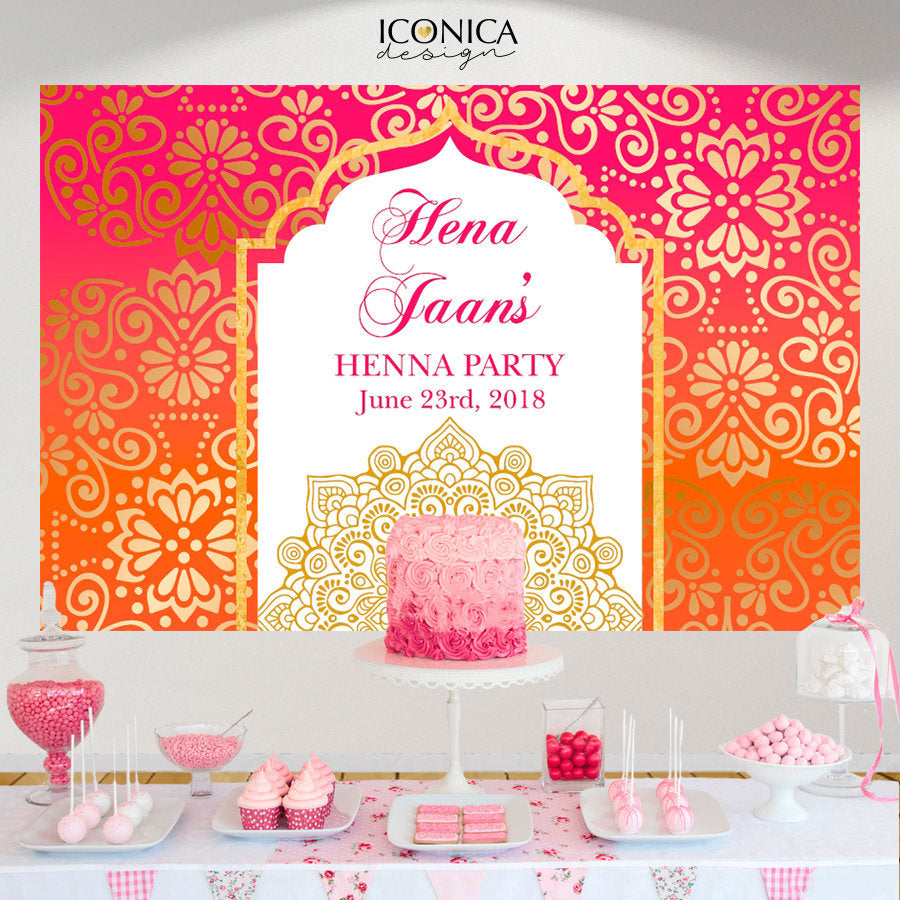 Moroccan Backdrop, Henna Party, Muslim wedding, Hindu wedding, bridal party, Pink Orange Party Decor, Printed Or Printable File BBR0029