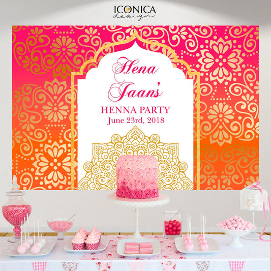 Moroccan Backdrop, Henna Party, Muslim wedding, Hindu wedding, bridal party, Pink Orange Party Decor, Printed Or Printable File BBR0029
